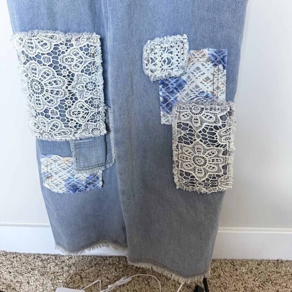 POL Womens Lace Patchwork Wide Leg Denim Overalls Small Cottagecore Bohemian - Picture 5 of 11